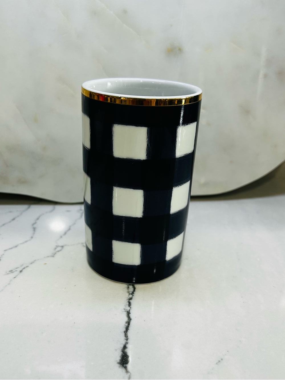 Black and White Check Ceramic Vase with Gold Rim